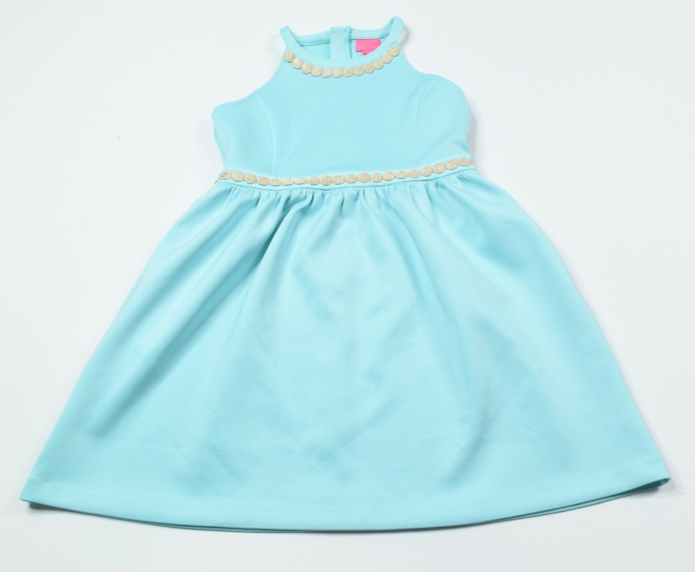Lilly Pulitzer Evelyn Dress Girls XL Aqua Blue Gold Sleeveless Stretch